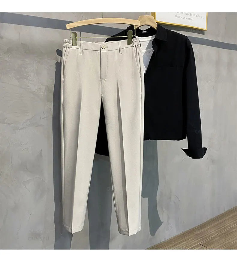 Spring Summer Men's Casual Pants Suit Pant Slim Fit Work Elastic Waist Jogging Business Trousers Male Black Plus Size 40 42