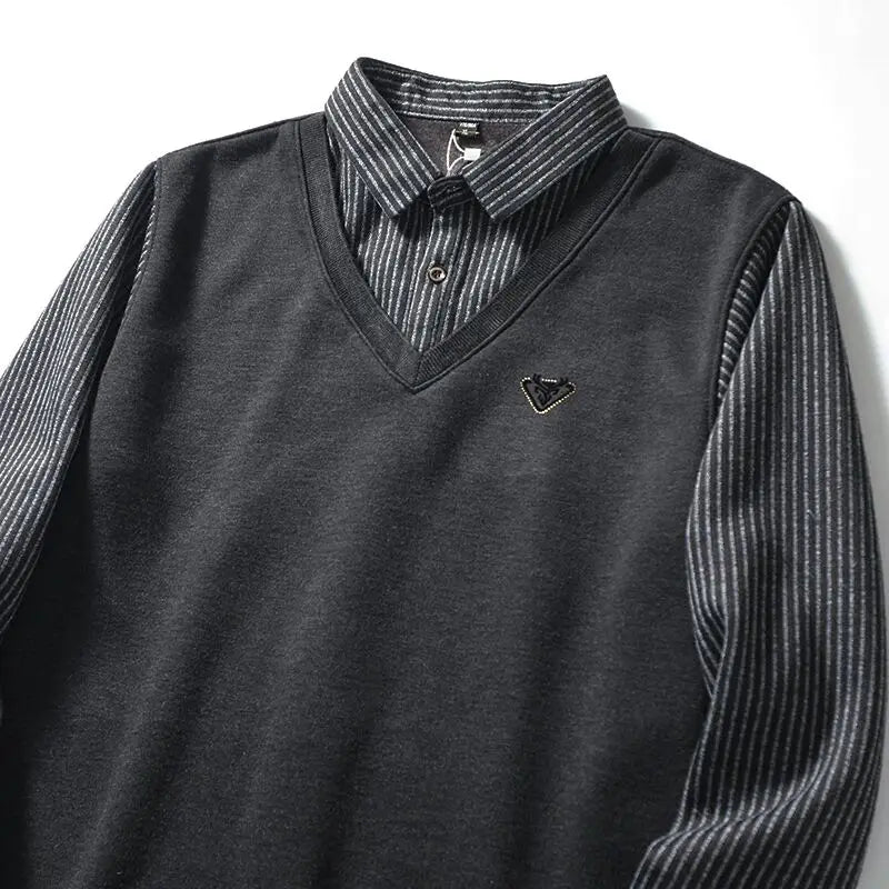 Thickened Warmth Integrated Fleece Stripe Knitted Sweater Fake Two-Piece Design Casual Loose Fit Polyester Long Sleeve Shirt