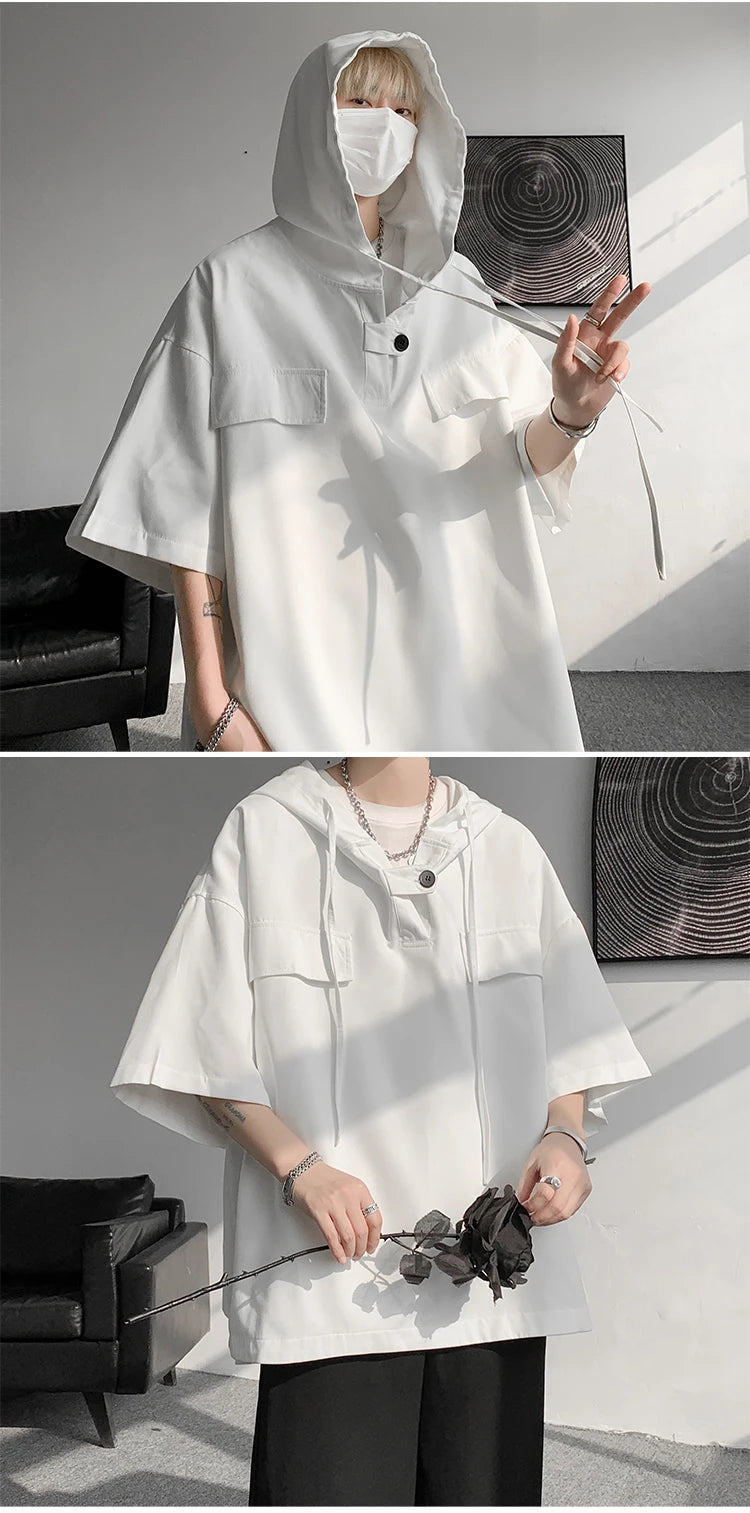 5 Colors Summer Hooded T shirt Men Korean Half Sleeve Pullover Streetwear Loose T-shirt Tops Drawstring Men Clothing