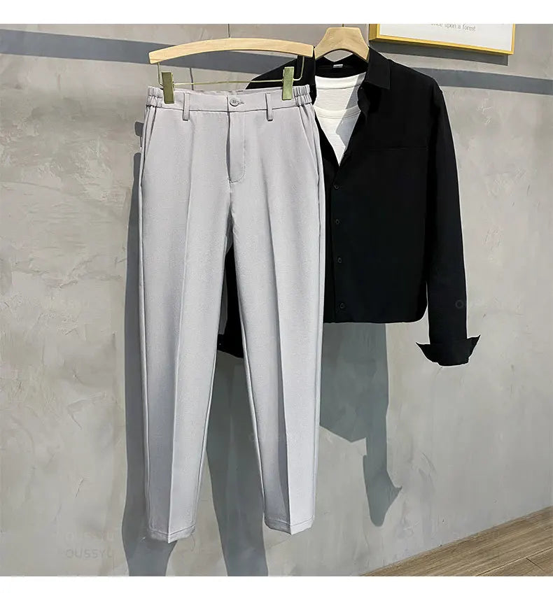 Spring Summer Men's Casual Pants Suit Pant Slim Fit Work Elastic Waist Jogging Business Trousers Male Black Plus Size 40 42