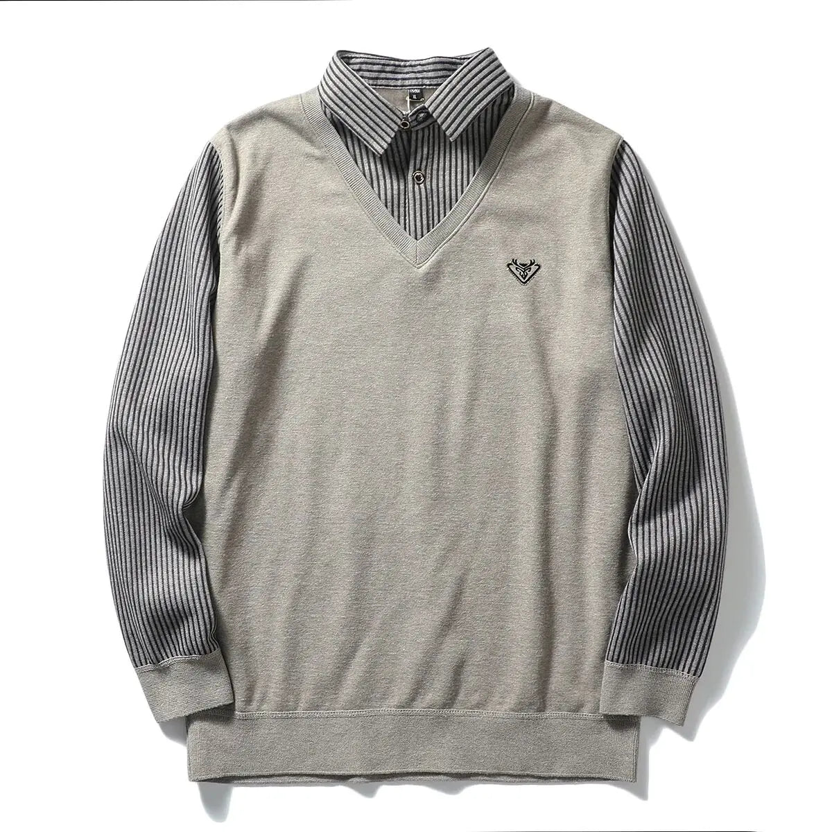 Thickened Warmth Integrated Fleece Stripe Knitted Sweater Fake Two-Piece Design Casual Loose Fit Polyester Long Sleeve Shirt
