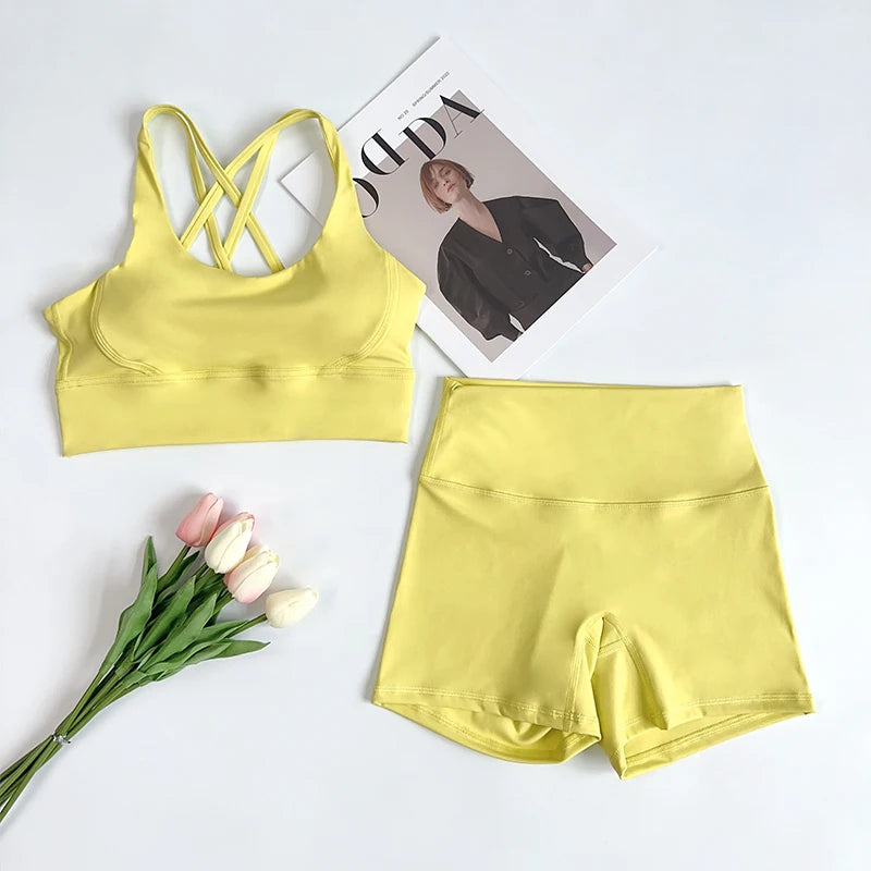 2Pcs Yoga Sets Naked Feel Gym Set Women Workout Clothes High Waist Yoga Shorts And Strappy Sports Bra Short Sets Summer
