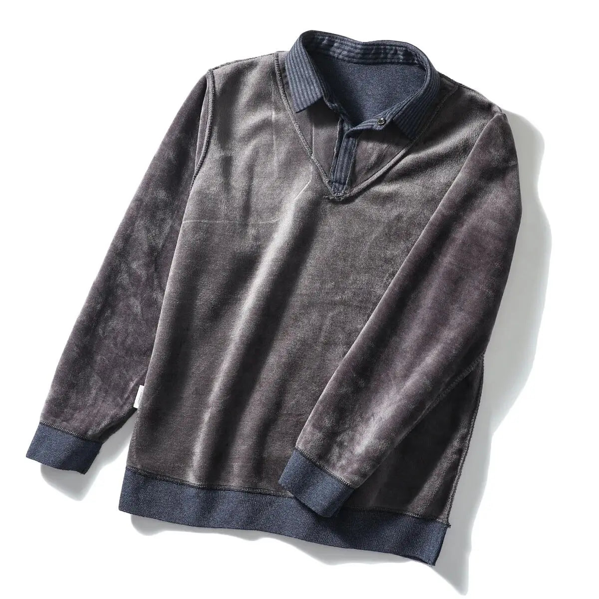 Thickened Warmth Integrated Fleece Stripe Knitted Sweater Fake Two-Piece Design Casual Loose Fit Polyester Long Sleeve Shirt
