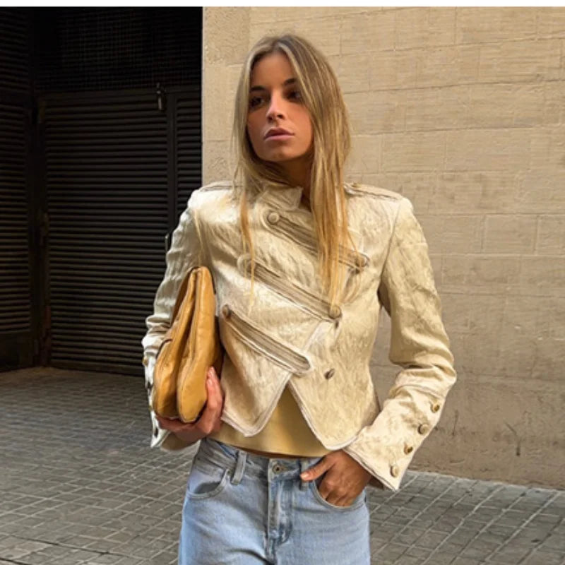 Chic Single Breasted Short Blazer Jacket Women Mandarin Collar Shoulder Pad Long Sleeve Coat 2026 Spring Fashion Lady Outerwear