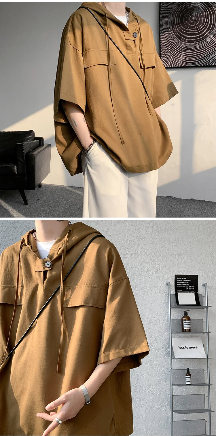 5 Colors Summer Hooded T shirt Men Korean Half Sleeve Pullover Streetwear Loose T-shirt Tops Drawstring Men Clothing