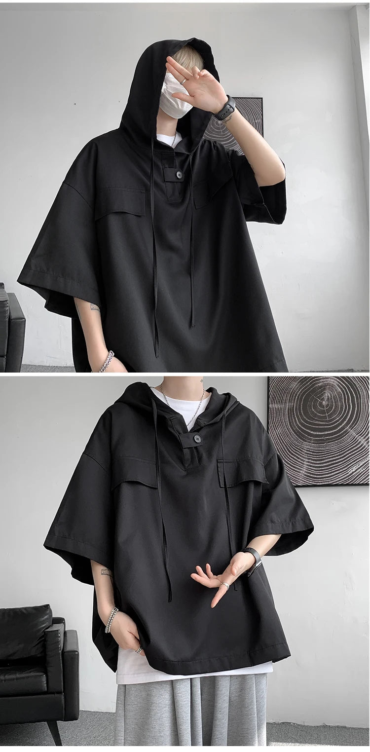 5 Colors Summer Hooded T shirt Men Korean Half Sleeve Pullover Streetwear Loose T-shirt Tops Drawstring Men Clothing