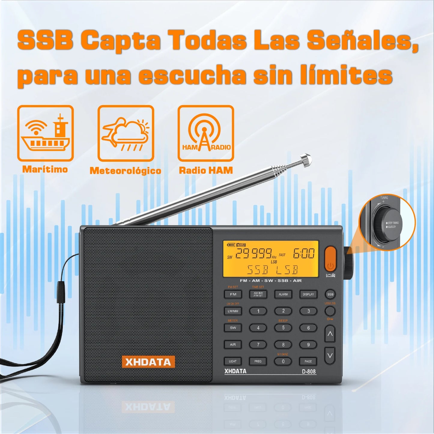 XHDATA D808 Portable Multiband Radio Receiver AM/FM/SW/MW SSB AIR RDS Stereo Sound Long Range Reception Rechargeable Battery