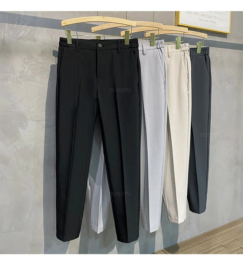 Spring Summer Men's Casual Pants Suit Pant Slim Fit Work Elastic Waist Jogging Business Trousers Male Black Plus Size 40 42