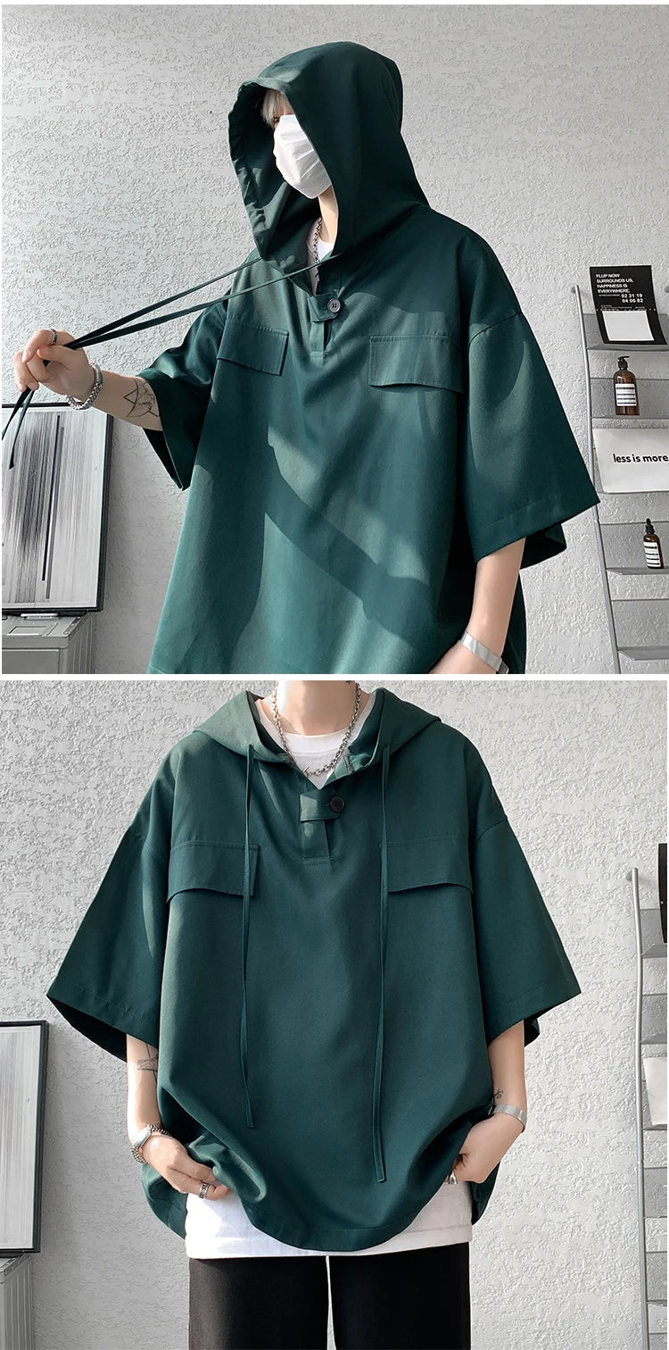 5 Colors Summer Hooded T shirt Men Korean Half Sleeve Pullover Streetwear Loose T-shirt Tops Drawstring Men Clothing
