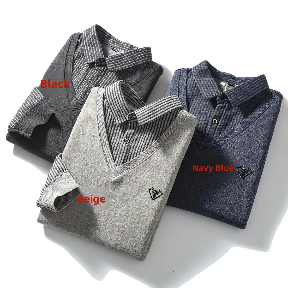 Thickened Warmth Integrated Fleece Stripe Knitted Sweater Fake Two-Piece Design Casual Loose Fit Polyester Long Sleeve Shirt