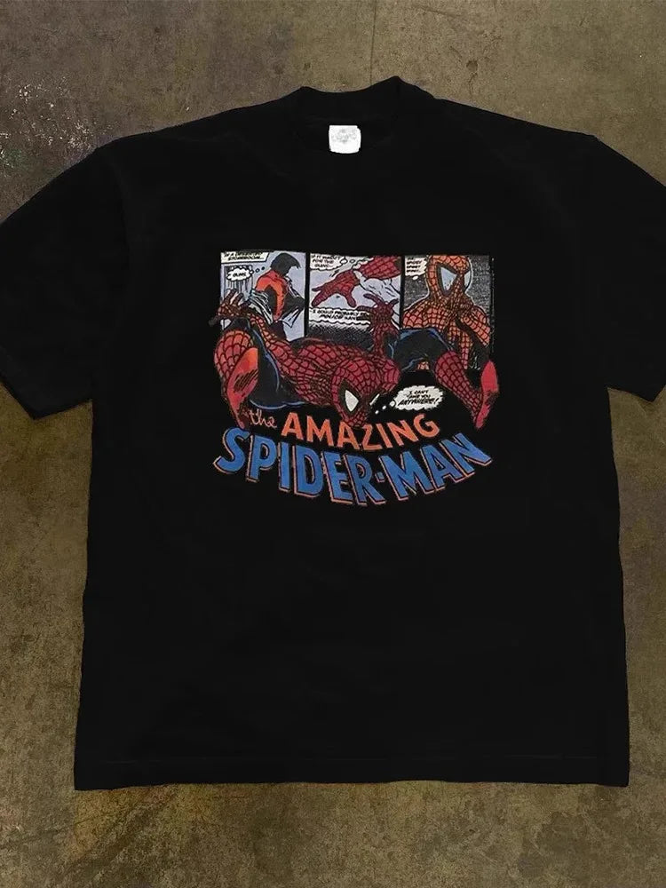 Spider Man printed short sleeved T-shirt for men and women, summer trendy street casual round neck loose Y2K top