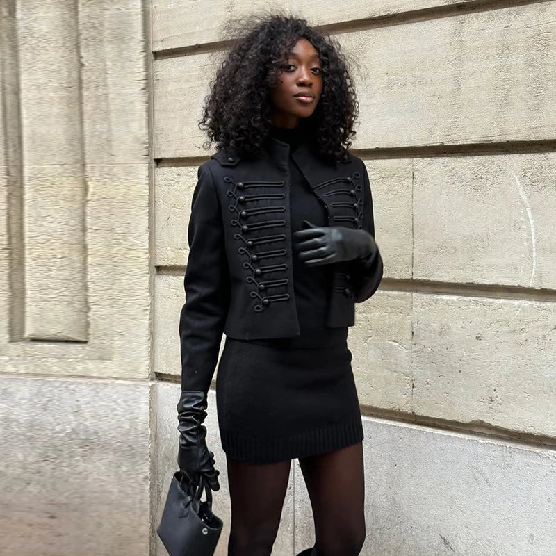 Chic Single Breasted Short Blazer Jacket Women Mandarin Collar Shoulder Pad Long Sleeve Coat 2026 Spring Fashion Lady Outerwear