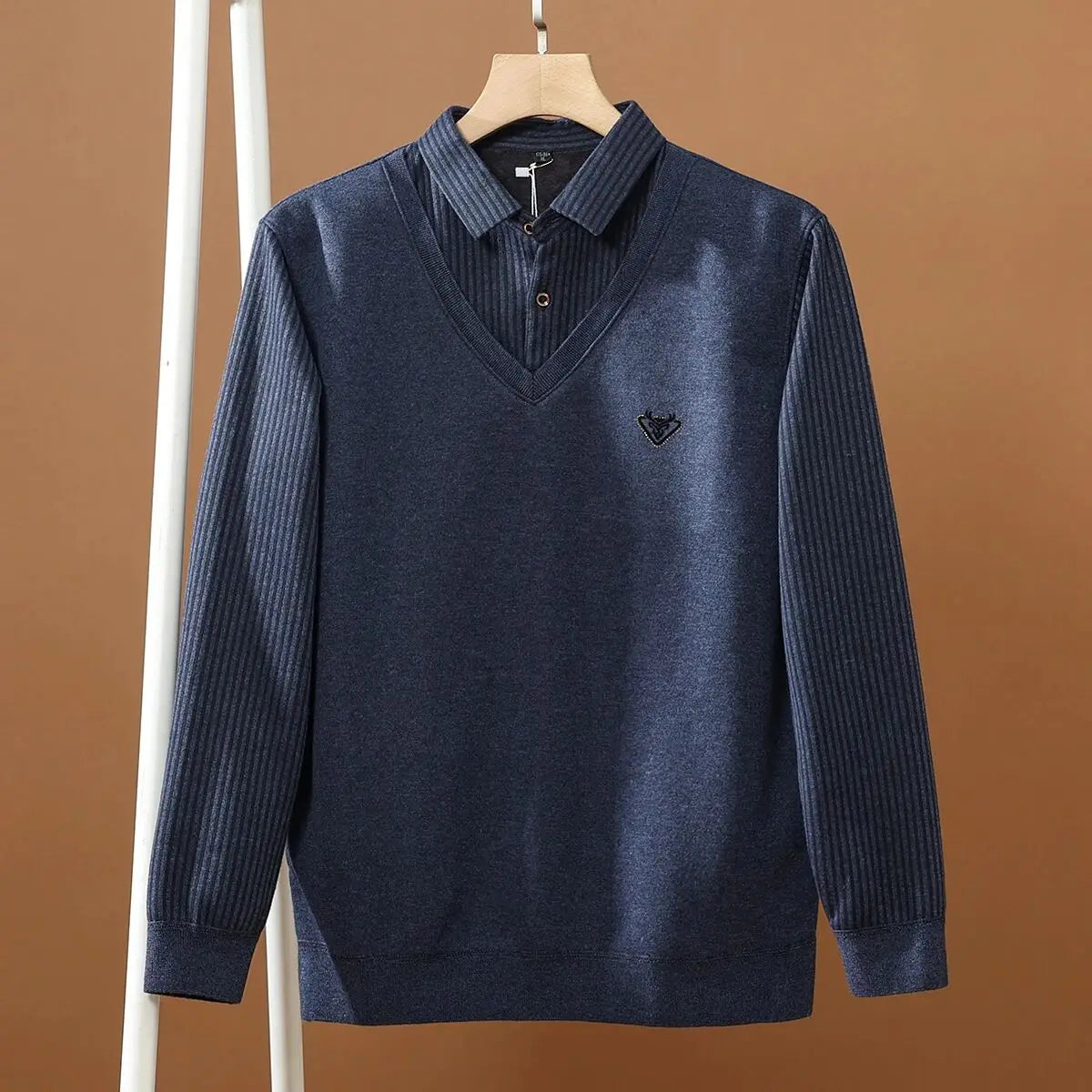 Thickened Warmth Integrated Fleece Stripe Knitted Sweater Fake Two-Piece Design Casual Loose Fit Polyester Long Sleeve Shirt