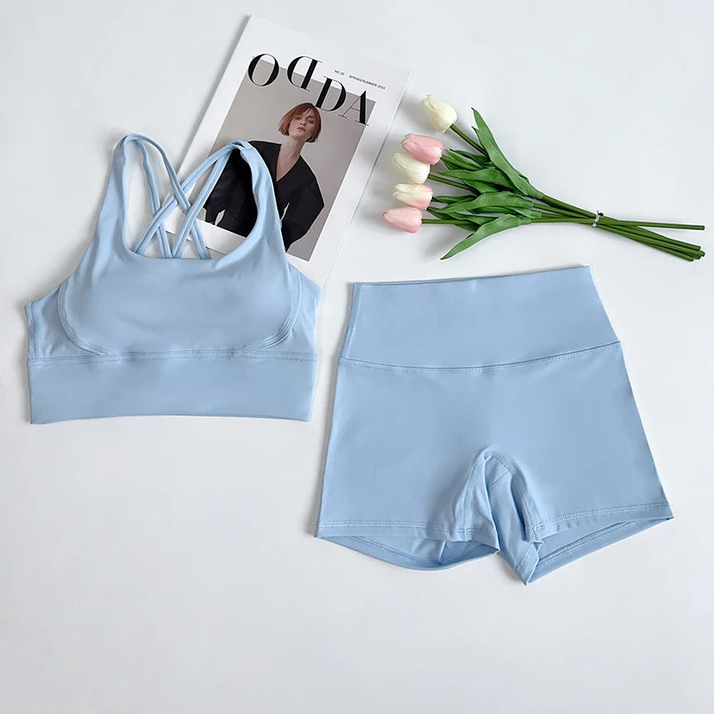 2Pcs Yoga Sets Naked Feel Gym Set Women Workout Clothes High Waist Yoga Shorts And Strappy Sports Bra Short Sets Summer