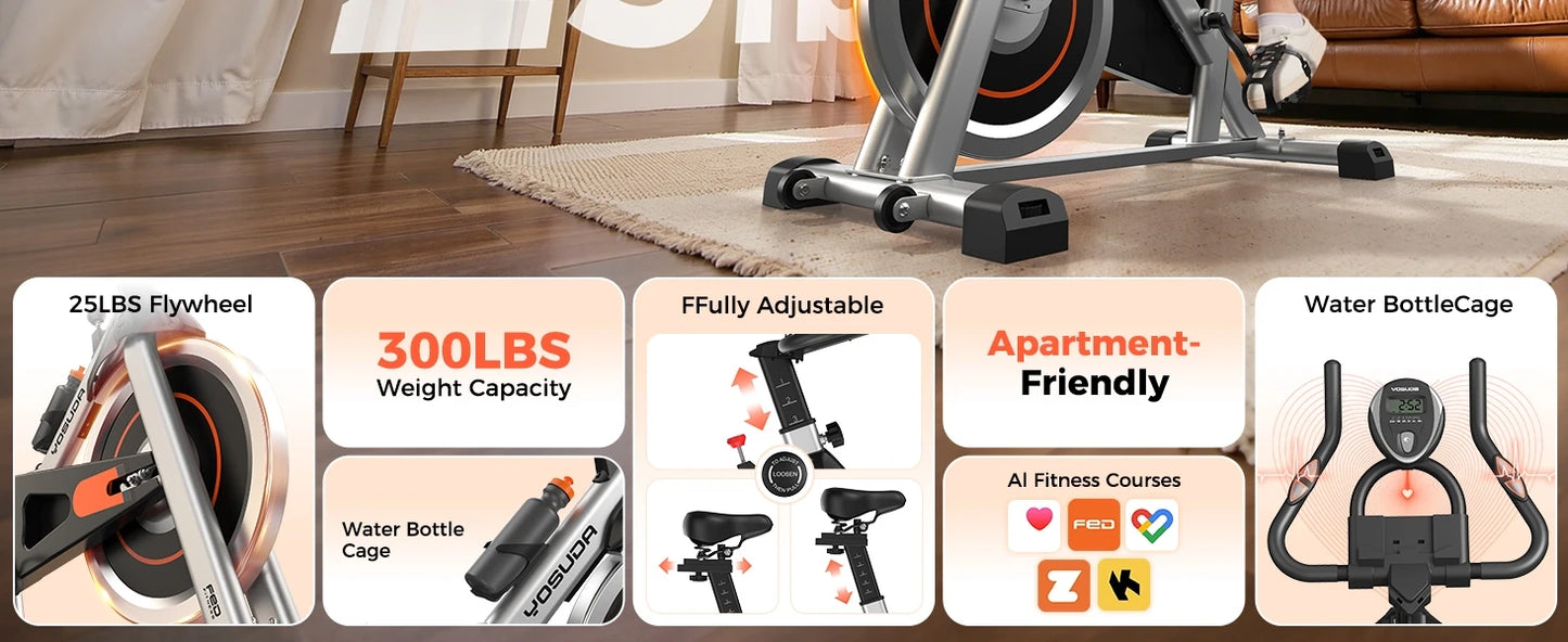 YOSUDA Exercise Bike, Brake Pad Stationary Bike for Home with Exclusive App, Magnetic Indoor Cycling Bike with 300 lb Weight
