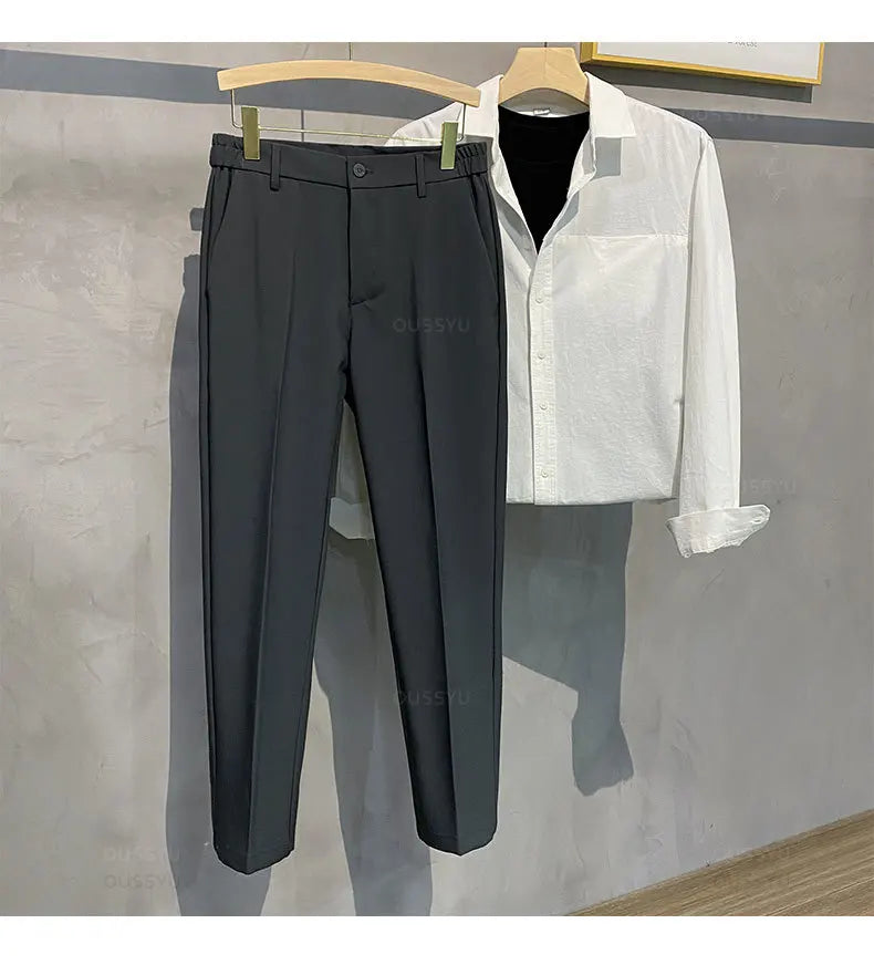Spring Summer Men's Casual Pants Suit Pant Slim Fit Work Elastic Waist Jogging Business Trousers Male Black Plus Size 40 42