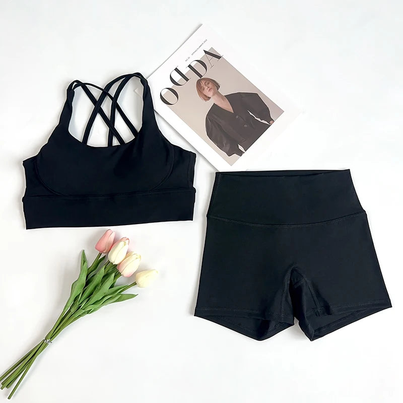 2Pcs Yoga Sets Naked Feel Gym Set Women Workout Clothes High Waist Yoga Shorts And Strappy Sports Bra Short Sets Summer