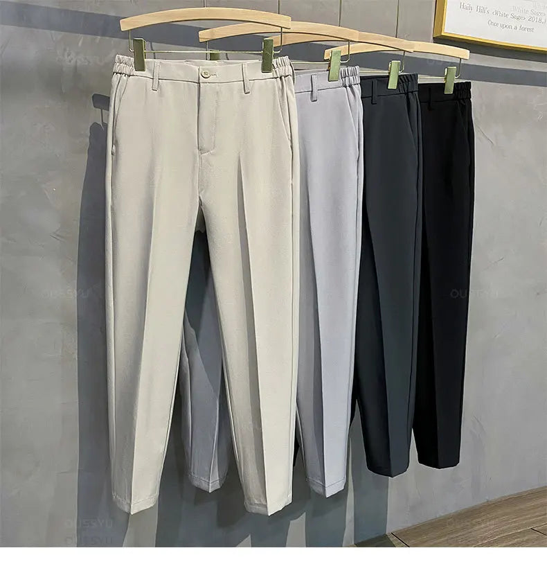 Spring Summer Men's Casual Pants Suit Pant Slim Fit Work Elastic Waist Jogging Business Trousers Male Black Plus Size 40 42