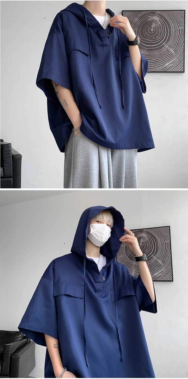5 Colors Summer Hooded T shirt Men Korean Half Sleeve Pullover Streetwear Loose T-shirt Tops Drawstring Men Clothing