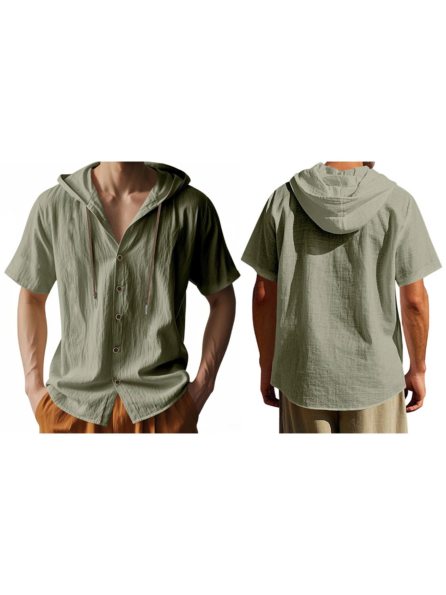 Men s Short Sleeve Hooded Shirt with Button Closure Solid Color Summer Top for Casual Daily Wear and Outdoor Activities