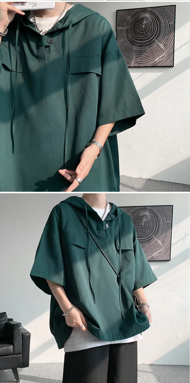 5 Colors Summer Hooded T shirt Men Korean Half Sleeve Pullover Streetwear Loose T-shirt Tops Drawstring Men Clothing