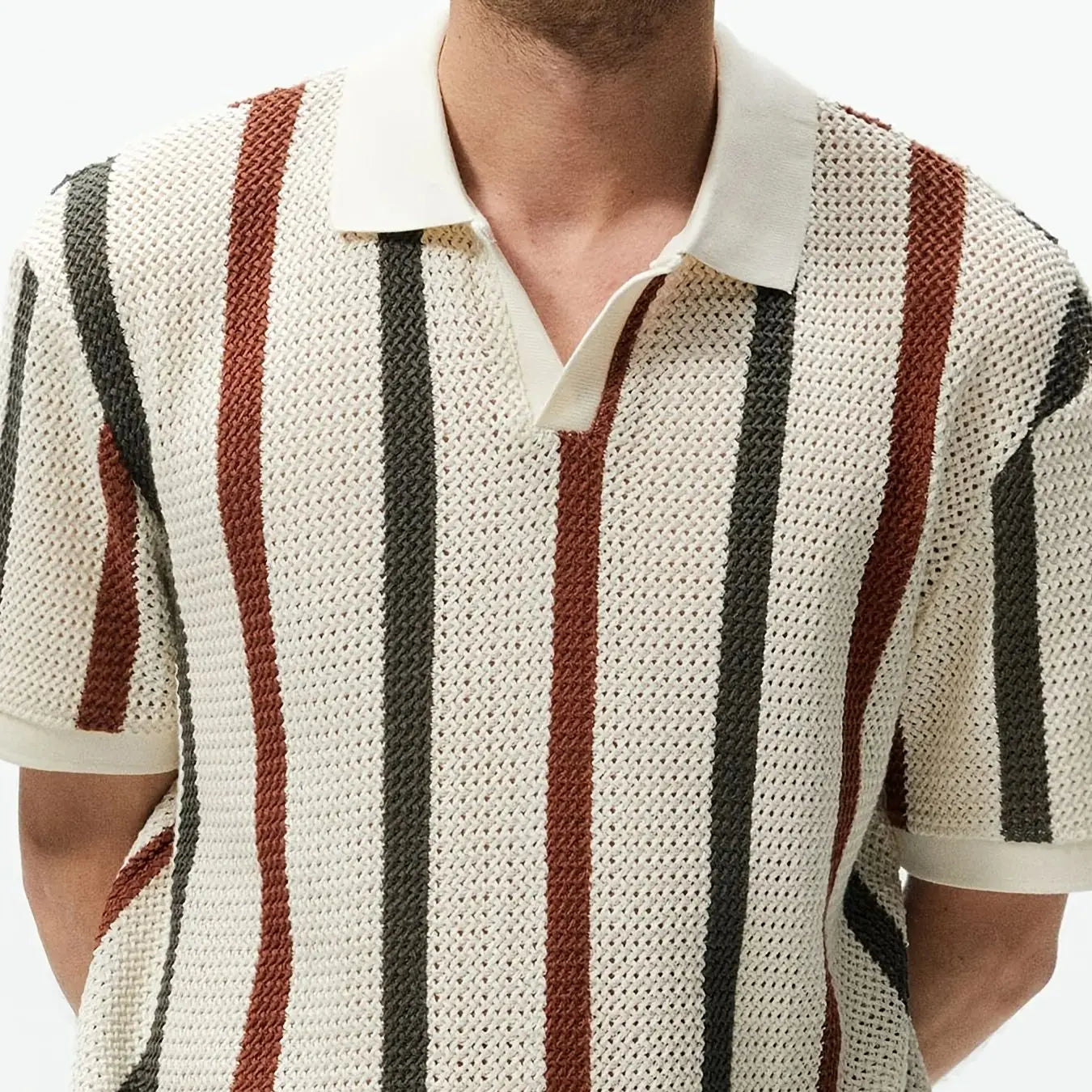 Men's Summer Chunky Knit Short-Sleeve Polo Shirt With Stripes And Contrast Colors, Casual Wear For Daily Outings